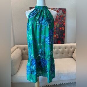 NWT Olivaceous Green Blue Casual Beach Tropical Dress L